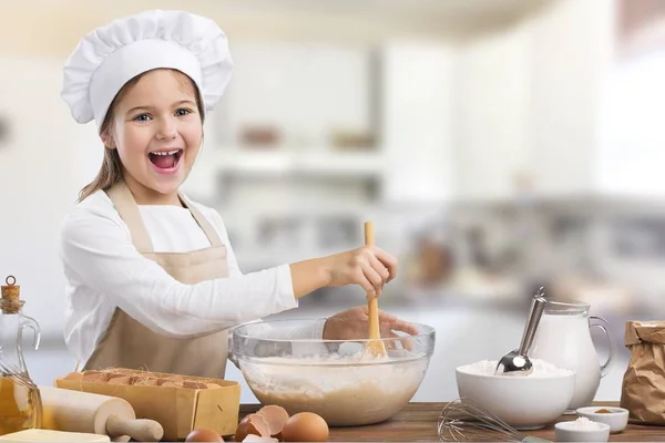 Meisje Met Deeg Achtergrond Wazig Keuken Koken — Stockfoto