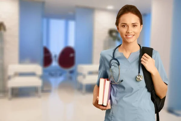 Young Female Doctor Stethoscope Books — Stock Photo, Image