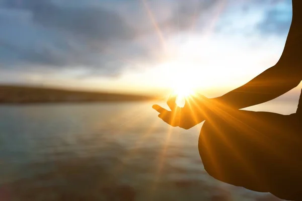 Human Silhouette Meditating Sunset Yoga Relax — Stock Photo, Image