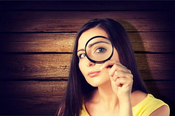 Woman Magnifying Glass Background — Stock Photo, Image