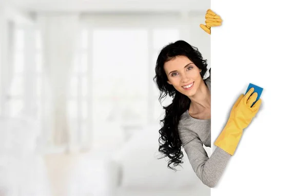 happy smiling woman cleaning house