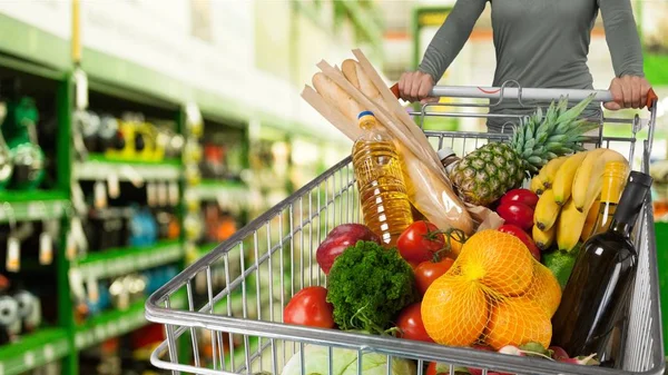 Supermarkt Kar Vol Gezond Eten Fruit Groenten — Stockfoto