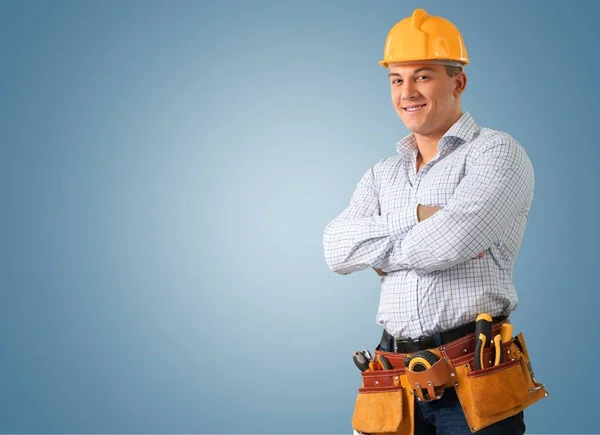Porträt Eines Lächelnden Selbstbewussten Bauarbeiters Mit Hartem Hut — Stockfoto