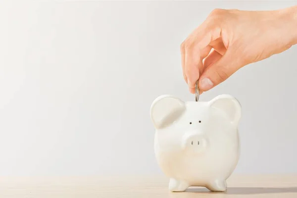 Businessman Putting Coin Piggy Bank — Stock Photo, Image