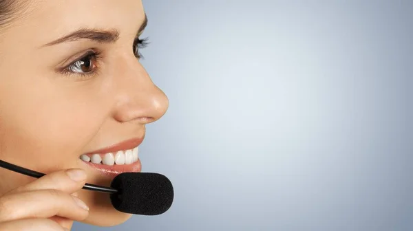 Customer Service Representative Young Smiling Woman Talking Headset — Stock Photo, Image