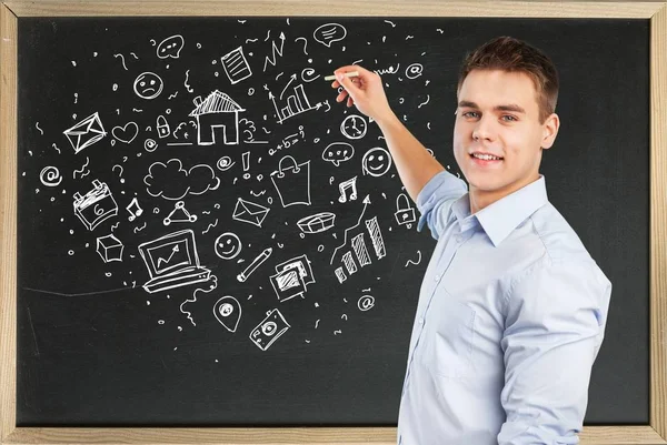 Man Drawing Chalk Board Blackboard — Stock Photo, Image