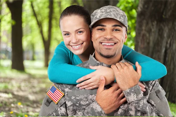 Military Man Beautiful Woman Embracing — Stock Photo, Image
