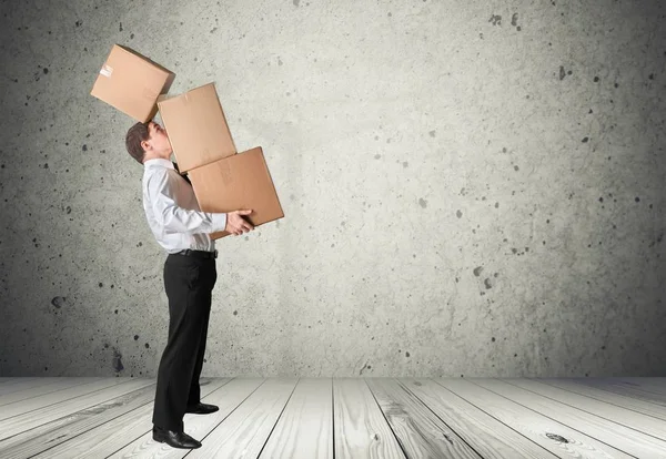 Businesswoman Suit Cardboard Boxes — Stock Photo, Image