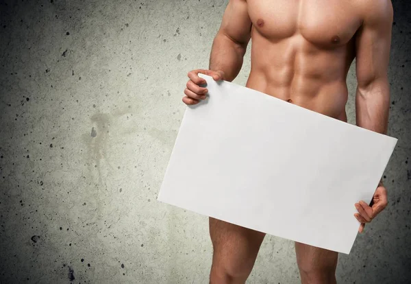 Corpo Homem Muscular Segurando Cartaz Branco — Fotografia de Stock