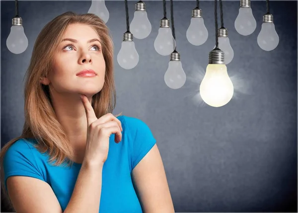 Young Pensive Woman Lamps Background Idea Concept — Stock Photo, Image