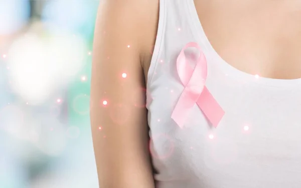 Woman Chest Pink Badge Support Breast Cancer — Stock Photo, Image