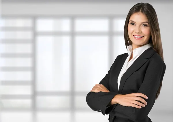 Retrato Una Joven Empresaria Traje Sobre Fondo —  Fotos de Stock