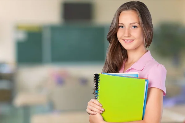 Portrait Cute Young Student Girl Holding Colorful Notebooks — Stock Photo, Image