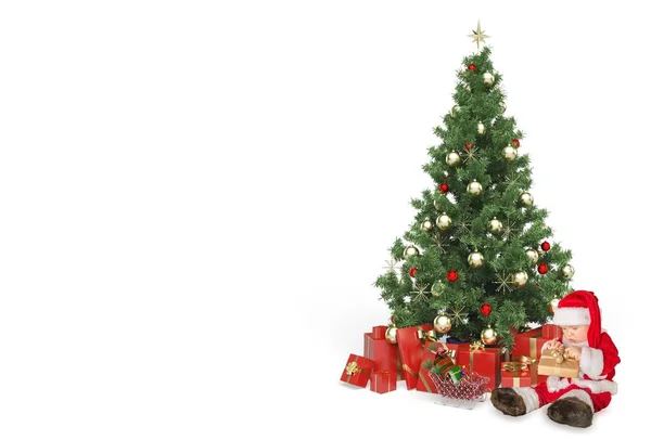 Στολισμένο Χριστουγεννιάτικο Δέντρο Και Κόκκινο Δώρα — Φωτογραφία Αρχείου