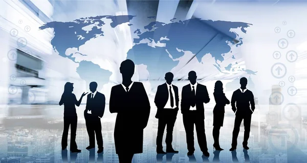 Business people silhouettes against world map background