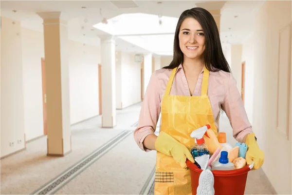 Beautiful Young Woman Cleaning Supplies — Stock Photo, Image