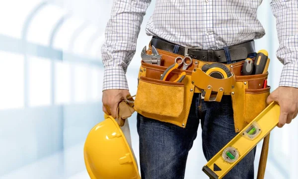 Young Man Worker Tool Belt Helmet — Stock Photo, Image