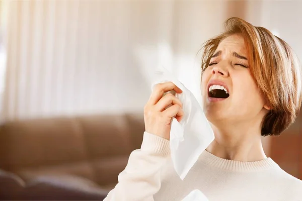Allergies Cold Concept Young Woman Blowing Nose — Stock Photo, Image