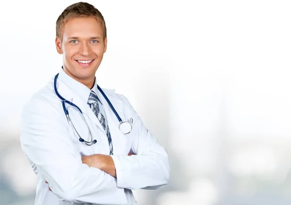 Médico Joven Con Estetoscopio Fondo —  Fotos de Stock