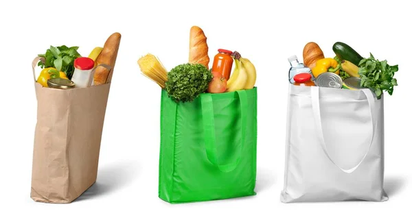 Bolsas Compras Con Productos Abarrotes Aislados Sobre Fondo Blanco — Foto de Stock