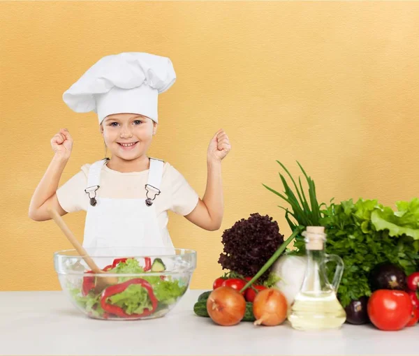 Glimlachend Klein Meisje Chef Kok Hoed Koken Keuken — Stockfoto