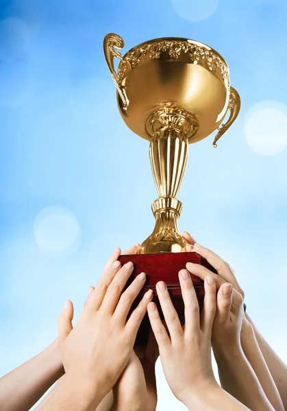 Hands Holding Golden Trophy Background — Stock Photo, Image