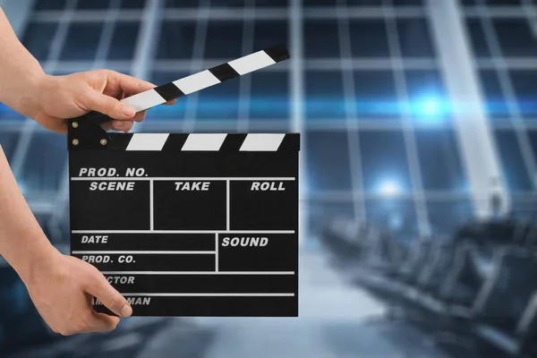 Female Hands Holding Clapper Board — Stock Photo, Image