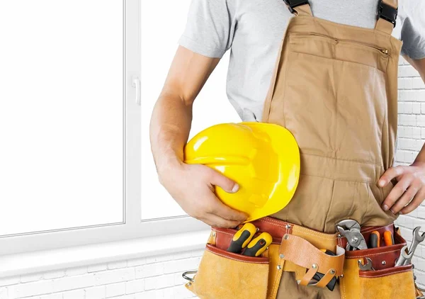 Young Man Worker Tool Belt Helmet — Stock Photo, Image