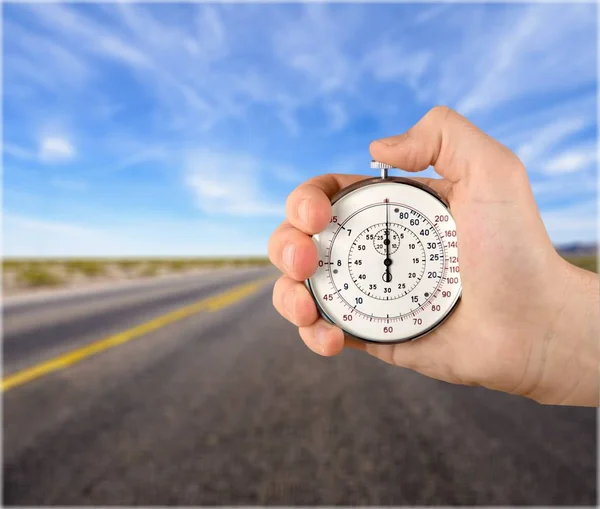 Chronomètre Dans Human Hand Isolé Sur Fond — Photo