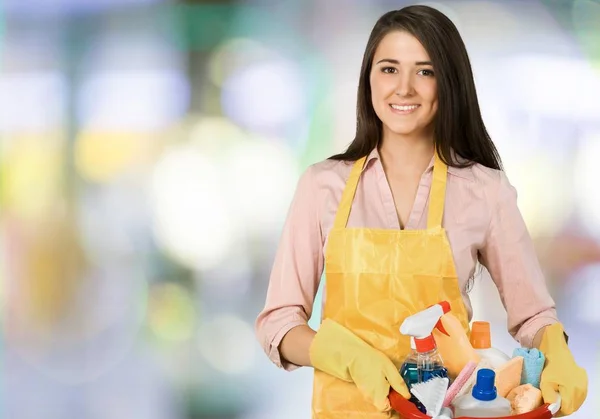 Young Smiling Woman Cleaning Supplies — Stock Photo, Image