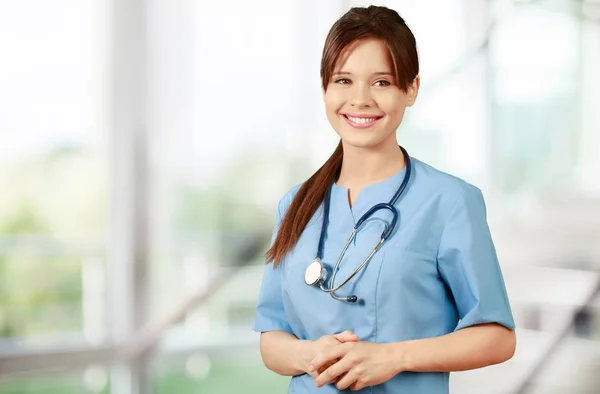 Mulher Médica Com Estetoscópio Segundo Plano — Fotografia de Stock