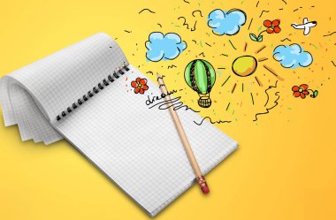 karalama simgeleriyle dolu boş sayfalı spiral defter