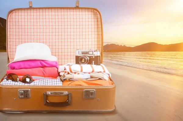 Retro Suitcase Colorful Clothes Travel Concept — Stock Photo, Image