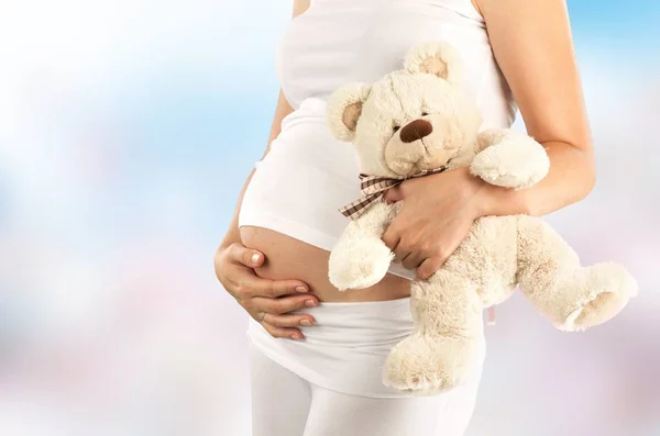 beautiful pregnant woman with teddy bear
