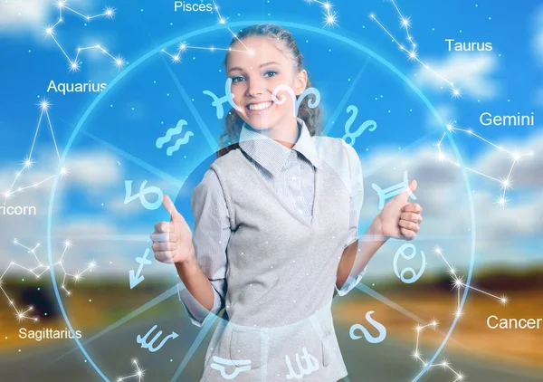 Horoscope Astrology Background Woman Showing Thumbs — Stock Photo, Image