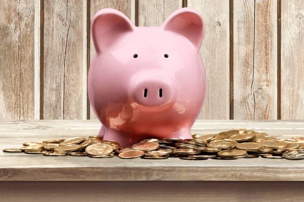 pig piggy bank with coins on wooden background
