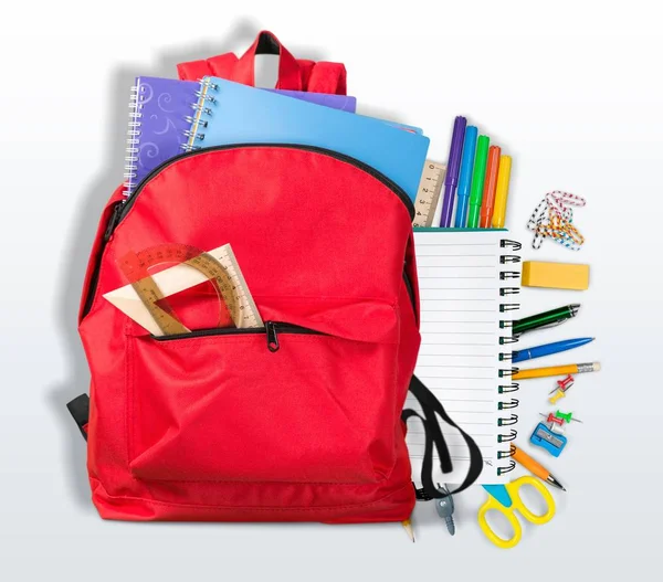 Mochila Escolar Con Papelería Vuelta Fondo Escolar — Foto de Stock