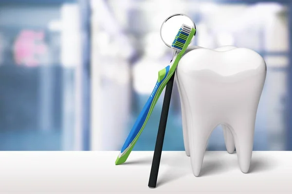 Modelo Dente Grande Escova Dentes Espelho Dentista — Fotografia de Stock