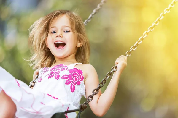 Little Child Blond Girl Having Fun Swing — Stock Photo, Image