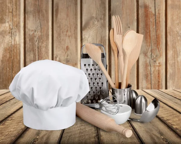 Utensilios Cocina Sobre Fondo Madera — Foto de Stock