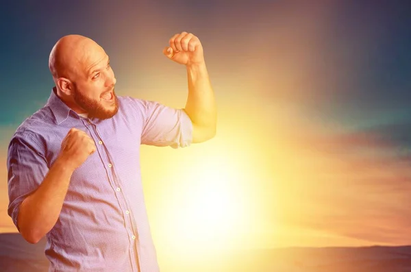 Happy Young Bearded Man Raised Fists — ストック写真