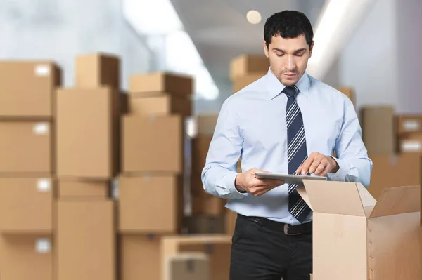 Businessman Inspecting Cardboard Boxes Warehouse — Stock Photo, Image