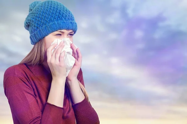 Sick Young Woman Blowing Nose — Stok Foto