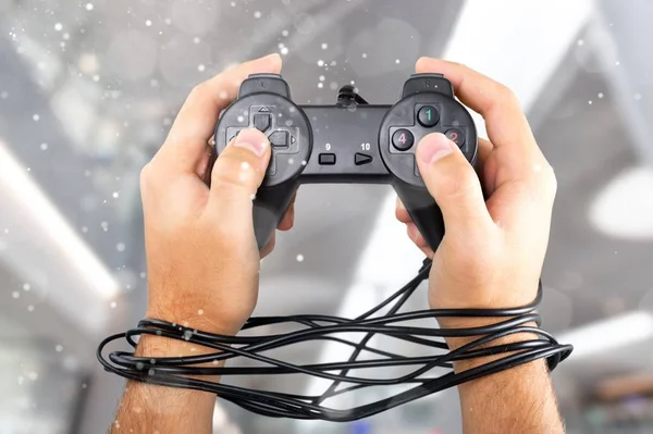 Wired Hands Joypad Blurred Background — Stock Photo, Image