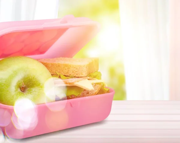 Lunchbox Apple Sandwich Table — Stock Photo, Image
