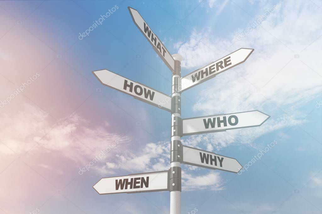 signpost with arrow signs where, when, who , how, what