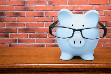 Gözlük takan seramik domuz kumbarası, tasarruf kavramı