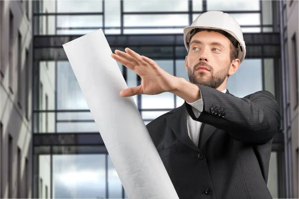 Zakenman Hardhat Met Blauwdruk — Stockfoto