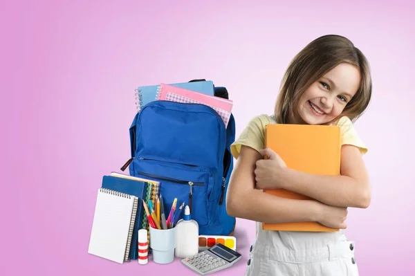 Belle Petite Fille Avec Des Fournitures Scolaires — Photo