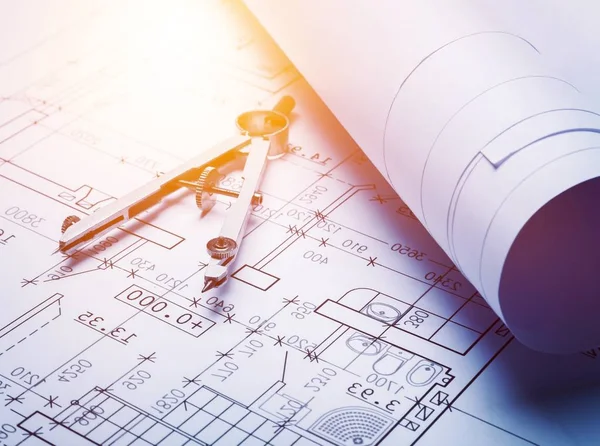 Architect Workplace Architectural Project Blueprint Construction Concept Engineering Tools — Stock Photo, Image